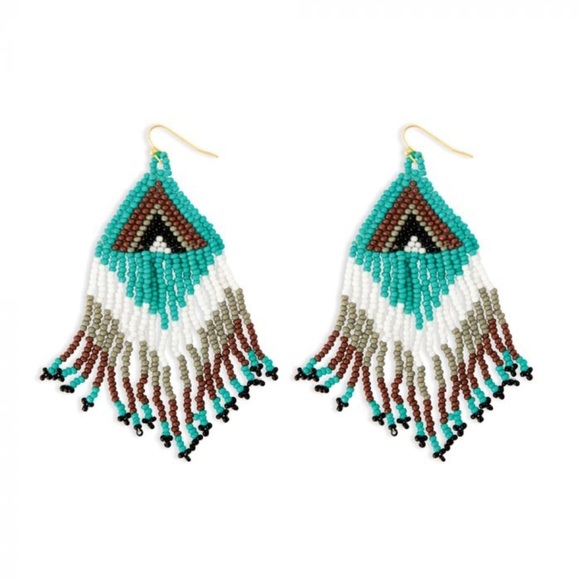 New green Gold Hand Beaded tassel boho western tribal earrings gold turquoise - Picture 1 of 3